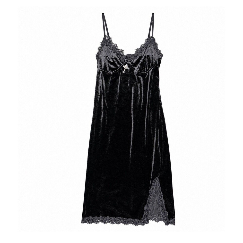 Black Velvet Lace Slip Dress Rhinestone Cross Gothic Y2K Fits S Tagged XL